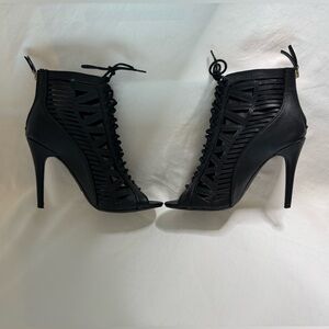 Anne Michelle Black Lace-Up Heels Caged Open Toe Princess 34 7.5
